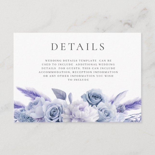 Designer Dusty Blue Floral Wedding Details Enclosure Card (Front)