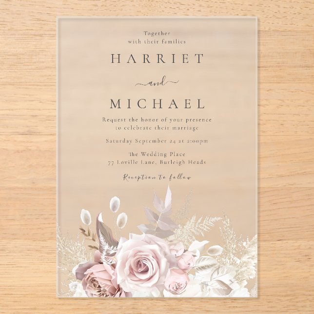 Designer Dusty Rose & Blush Floral Wedding Acrylic Invitations (Front)