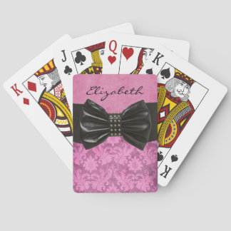 Designer Elegant Damask Pink With Black Bow Art Playing Cards