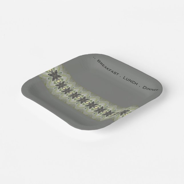 Designer Floral Accented Grey Square  Paper Plate (Angled)