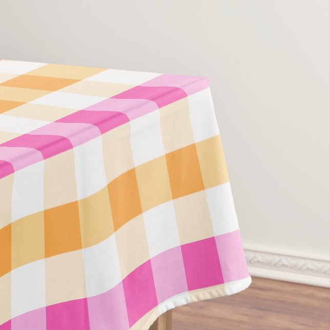 Designer gingham pattern orange and pink tablecloth (In Situ)