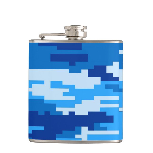 Designer Hip Flask -  8 Bit Navy Blue Camo (Front)