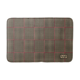 Designer Houndstooth Black Taupe Hot Pink Stripe Bath Mat