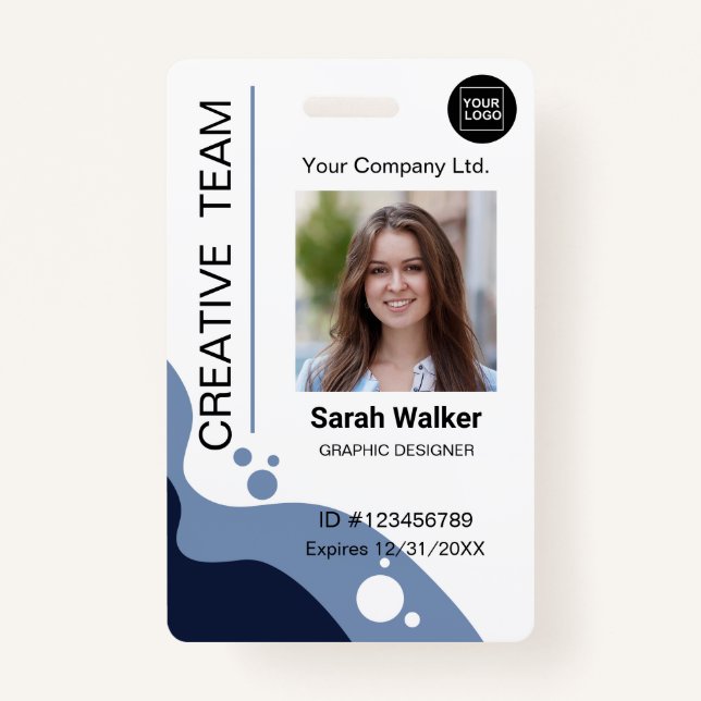 Designer ID Employee Photo Logo Name dusty blue ID Badge (Front)