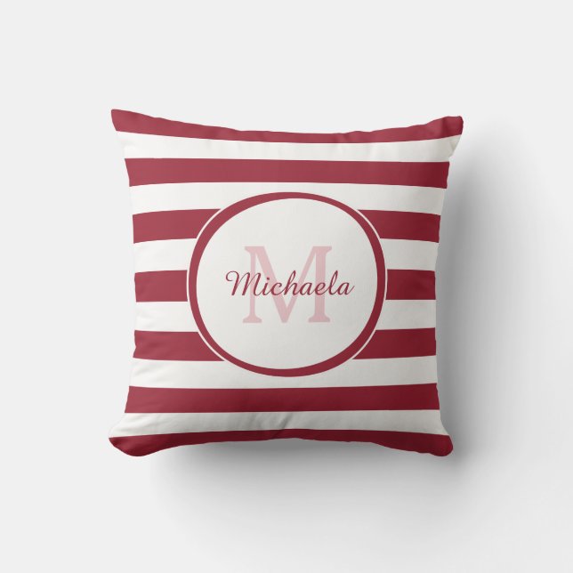 Designer Monogram With Fat Stripes and Name in Red Cushion (Front)