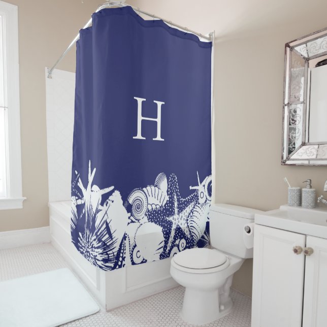 Designer Navy Blue & White Artsy Seashells Beach Shower Curtain (In Situ)
