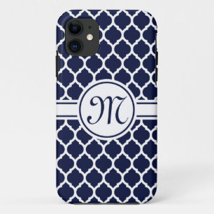 Designer Navy Monogrammed Moroccan Lattice Pattern iPhone 11 Case