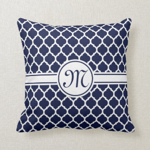 Designer Navy Monogrammed Moroccan Lattice Pattern Cushion