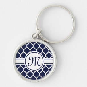 Designer Navy Monogrammed Moroccan Lattice Pattern Key Ring
