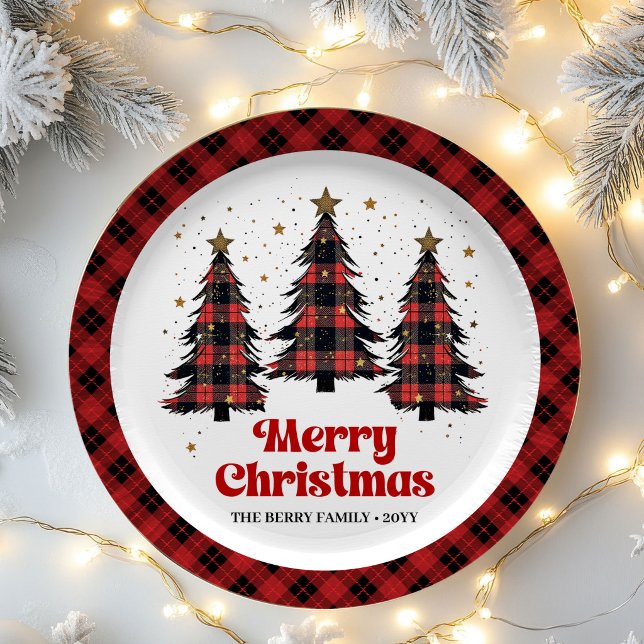 Designer Plaid Christmas Tree Custom Name Paper  Plate (Designer Plaid Christmas Tree Custom Name Paper Plates)