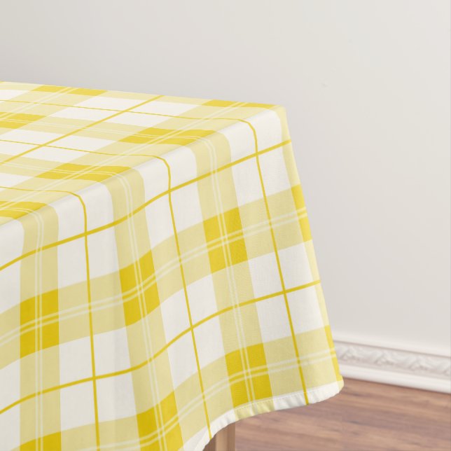 Designer plaid pattern lemon yellow and white tablecloth (In Situ)