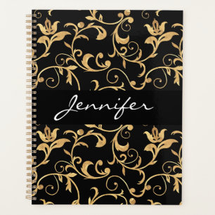 Designer Royal Black and Gold Damask Personalised Planner