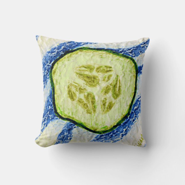 Designer Slice of Cucumber on Blue Cushion (Front)