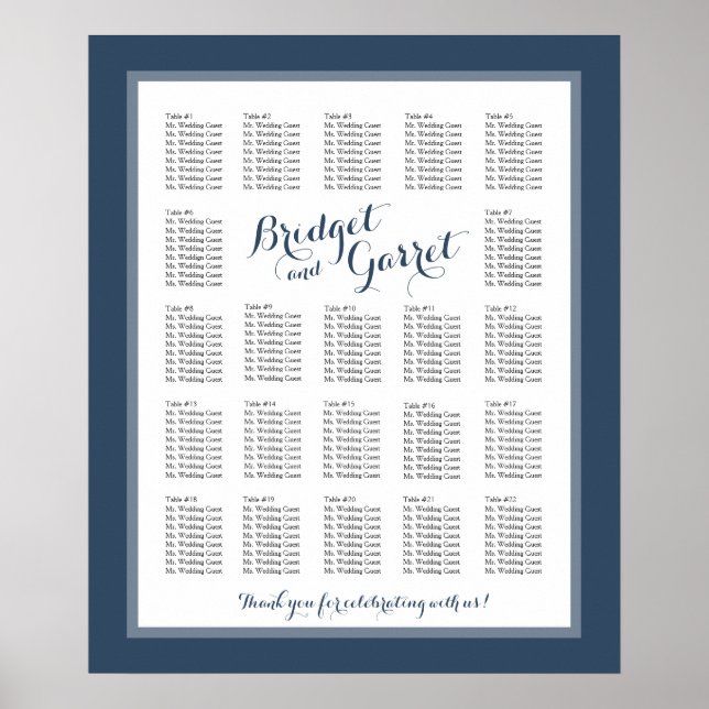 Designer Text Navy Blue Wedding Seating Chart (Front)