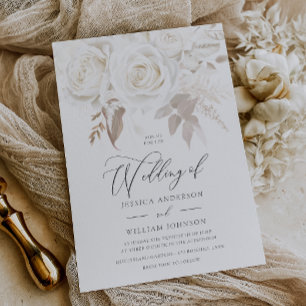 Designer Vintage Ivory White Roses Wedding Invitation