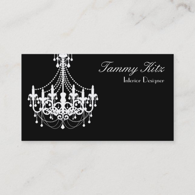 Designer White Black Chandelier Business Card Chic (Front)