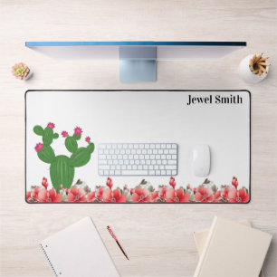 Desk Mat Green Cactus Orange Flowers Floral