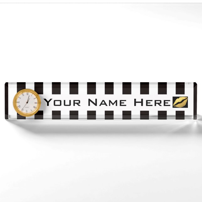 Desk Nameplate with Clock/Black and White Stripes (Front)