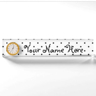 Desk Nameplate with Clock/White with Black Dots