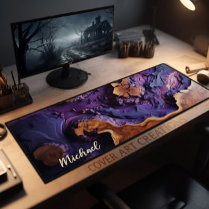 Desk Pad, Burl Wood And Purple Resin, Desk Mat