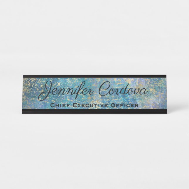 Desk Sign Peacock Teal Abstract Name Plate (Front)