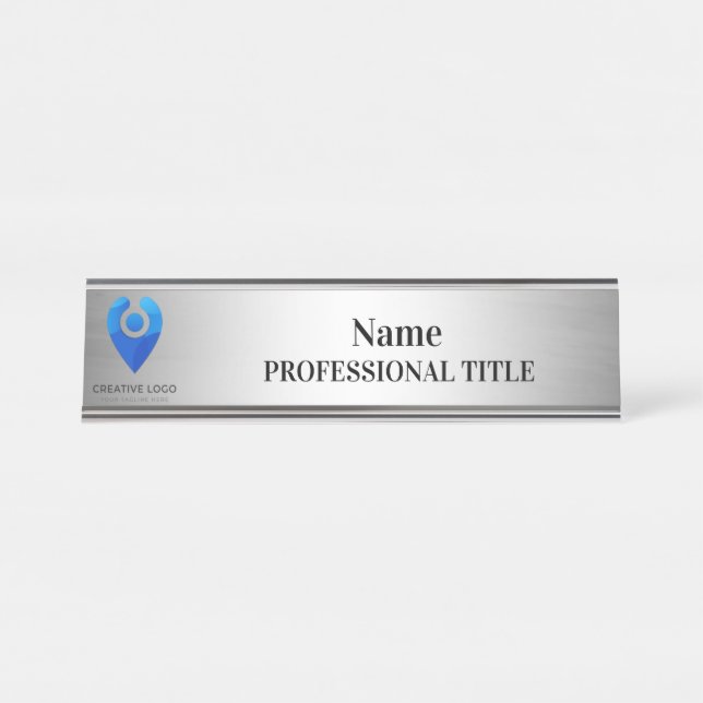 Desktop Silver Name Plate with Logo & Slogan (Front)