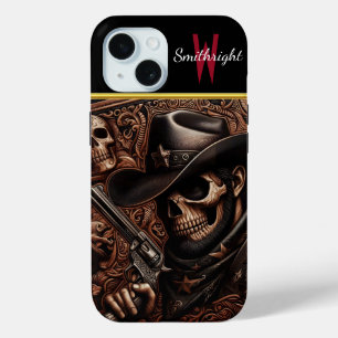 Desperado Death: Gun-Wielding Skull in Cowboy Hat iPhone 15 Case