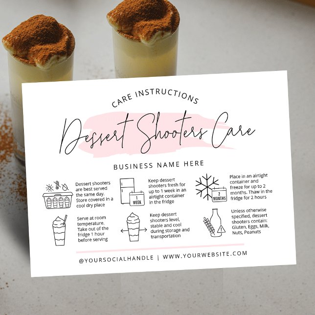 Dessert Cake Shooters Care Cards Modern Pink Chic (Dessert shooters care cards with icons, modern script font and pink watercolor and your logo)