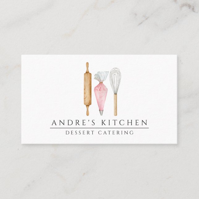 Dessert Caterer Watercolor Baker's Utensils Business Card (Front)
