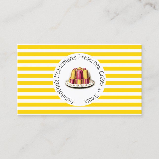 Dessert jelly on yellow white stripes chic pudding business card (Front)