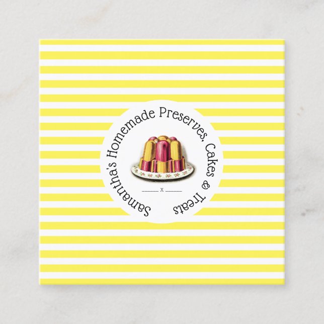 Dessert jelly on yellow white stripes chic pudding square business card (Front)