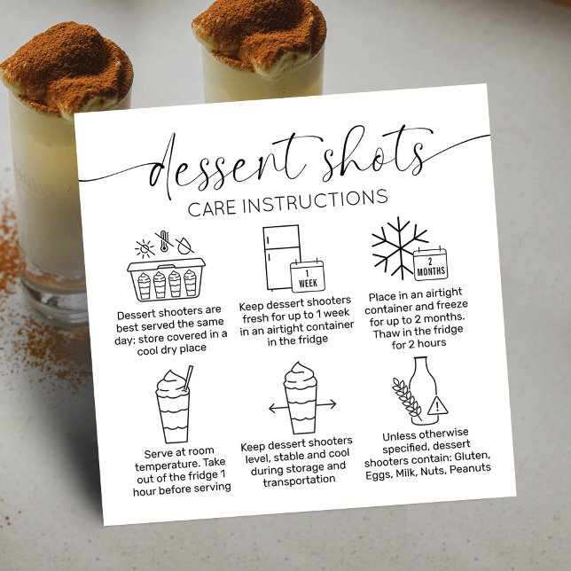 Dessert Shooters Instructions Minimal Cake Shots Square Business Card (Minimalist dessert shooters care instructions cards with care icons, stylish calligraphy font)