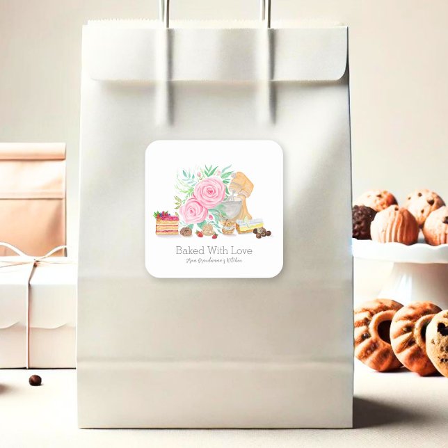 Desserts With Mixer And Roses Baked With Love Square Sticker (Creator Uploaded)