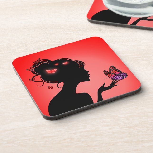 Dessous-de-verre La femme papillons rouges Coaster (Left Side)