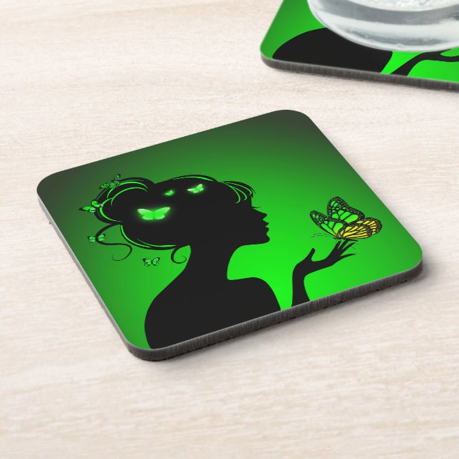 Dessous-de-verre La femme papillons verts Coaster (Left Side)