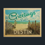 Destin Beach Vintage Travel Postcard<br><div class="desc">This Greetings From Destin vintage postcard design features a sandy beach with a beautiful turquoise ocean water and above the sea,  a blue sky with billowy white clouds. In vintage travels style.</div>