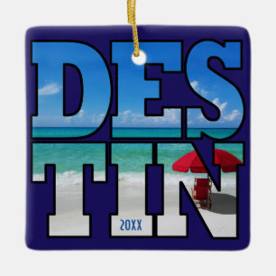 Destin FL Beach Umbrella Typography Use Own Photo Ceramic Ornament