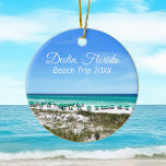 Destin Florida Beach Vacation Keepsake Christmas Ceramic Tree Decoration<br><div class="desc">This beautiful Destin Florida beach vacation keepsake Christmas ornament features the pretty blue green ocean waters of Sandestin along the coast. Pretty teal and blue umbrellas line the summer seashore in front of the sea grass. Lovely white cursive script for my favorite seaside city along the emerald coast. Customize with...</div>