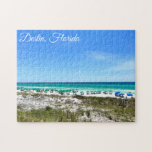 Destin Florida Coast Beach Umbrellas Pretty Custom Jigsaw Puzzle<br><div class="desc">This beautiful Destin Florida beach puzzle features the pretty blue green ocean waters of Sandestin along the coast. Pretty teal and blue umbrellas line the summer seashore in front of the sea grass. Lovely white cursive script for my favorite seaside city along the emerald coast.</div>