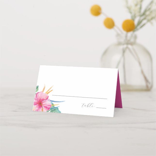 Destin Wedding Place Cards Tropical Pink Flowers (Front)