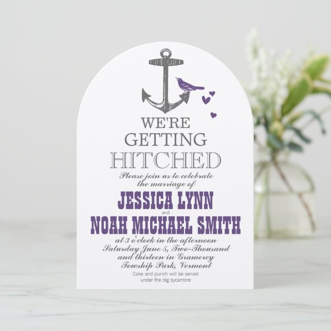 Destination Beach Cute Purple Bird Grey Anchor Invitation (Standing Front)