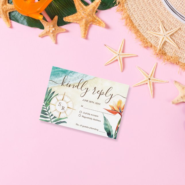 Destination Beach Wedding Compass Monogram RSVP Card (Creator Uploaded)