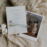 Destination Beach Wedding Photo Save The Date Invitation<br><div class="desc">Tropical Island Beach Watercolor Scene,  Photo Save the Date.</div>