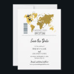 Destination Boarding Pass Wedding  Save The Date<br><div class="desc">This design features a boarding pass theme. It showcases a gold map of the world along with two aeroplanes making a heart shape as they travel around the world. This destination themed wedding design is set out like a boarding pass with the date of the wedding personalised in the squares....</div>