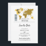 Destination Boarding Pass Wedding  Save The Date<br><div class="desc">This design features a boarding pass theme. It showcases a gold map of the world along with two aeroplanes making a heart shape as they travel around the world. This destination themed wedding design is set out like a boarding pass with the date of the wedding personalised in the squares....</div>