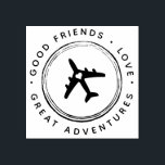 Destination Celebration Great Adventures Aeroplane Rubber Stamp<br><div class="desc">Travel Theme Destination Wedding or Birthday Trip Rubber Stamp with wording reading "Good Friends,  Love,  Great Adventures" that you can change to suit your party theme and use for DIY projects. It can look like a passport entry stamp with the cute aeroplane with heart in the middle.</div>