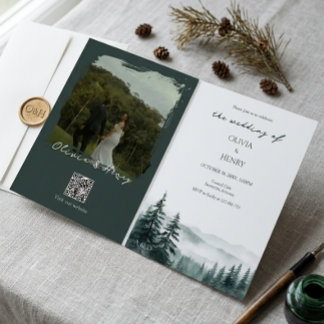 Destination Deep Forest Mountain Wedding Photo QR Invitation