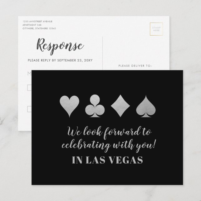 Destination LasVegas Wedding RSVP Silver Postcard (Front/Back)