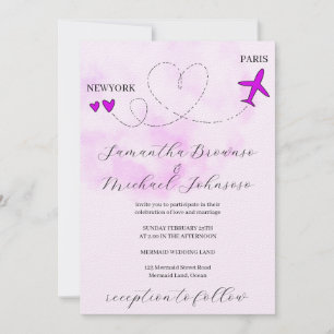 Destination plane flight abroad purple wedding invitation