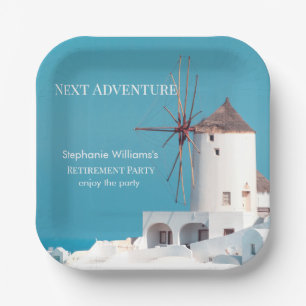 Destination Retirement Party Greek White Blue  Paper Plate